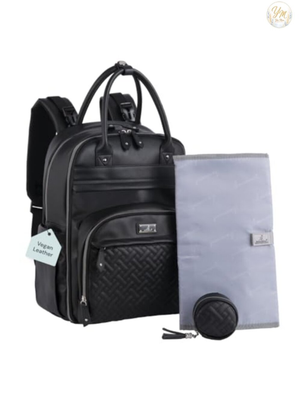 Vegan Leather Diaper Backpack with Changing Pad & Stroller Straps